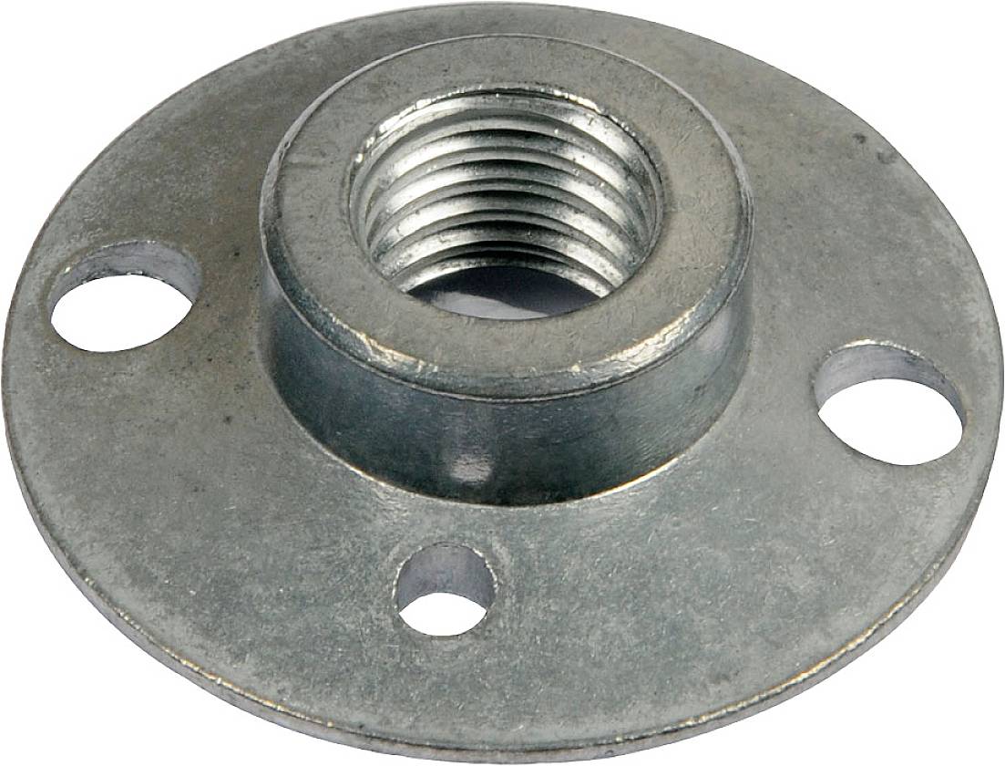 Disque métallique avec trois trous de fixation, filetage intérieur central. Utilisé pour la connexion sécurisée de composants.