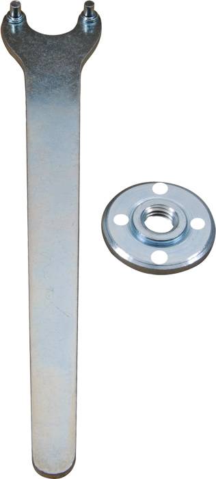 Une clé à molette métallique en forme de U et un support de perçage plat et rond avec quatre trous.