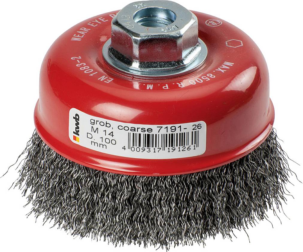 Brosse métallique circulaire avec boîtier rouge et poils métalliques, adaptée aux travaux de meulage. Marquée 'grossier, coarse 7191-26'.