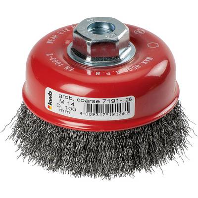Brosse métallique circulaire avec boîtier rouge et poils métalliques, adaptée aux travaux de meulage. Marquée 'grossier, coarse 7191-26'.