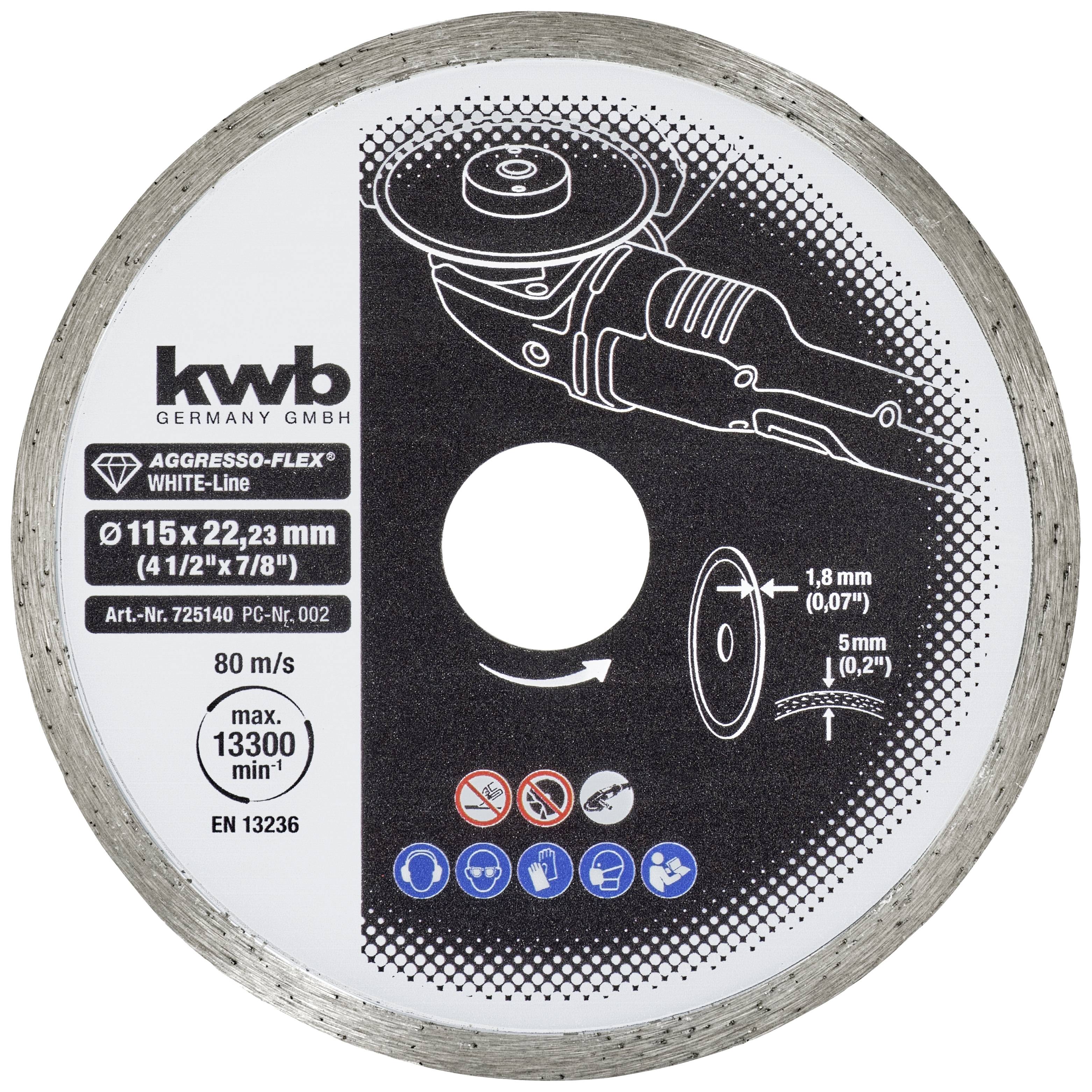 Disque à tronçonner pour meuleuse d'angle, diamètre 115 mm, alésage de 22,23 mm. Adapté pour le métal avec vitesse max. de 80 m/s, 13300 tr/min.