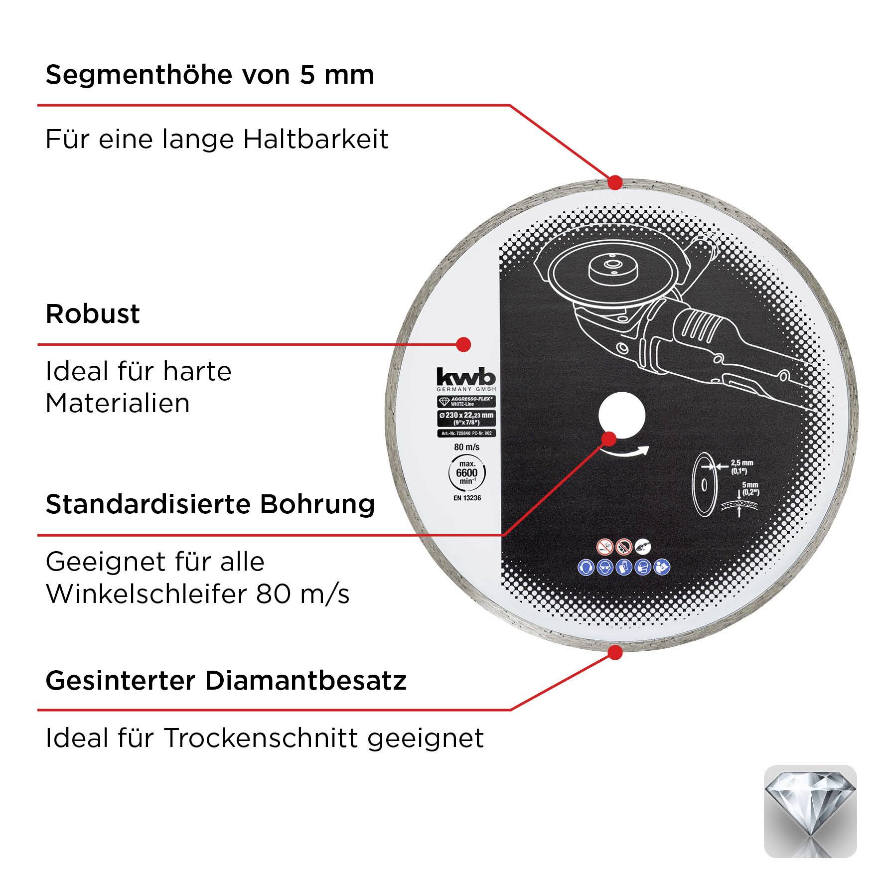 Hauteur de segment de disque de 5 mm pour la durabilité, 'Robuste' pour les matériaux durs, alésage standardisé pour meuleuse d'angle, 'Garniture diamantée frittée' pour coupe à sec.