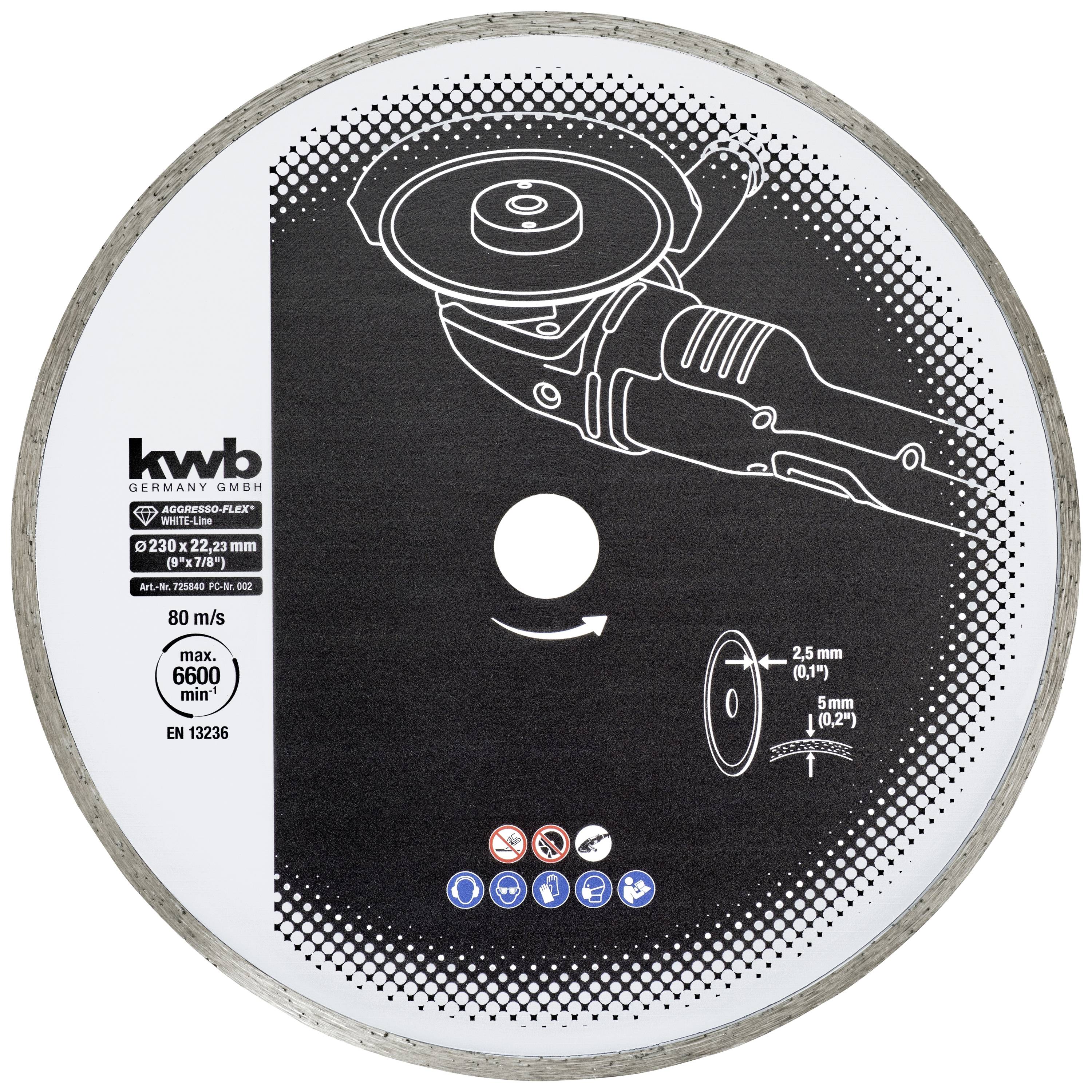 Disque à tronçonner de la marque 'kwb Germany GmbH' de 230 mm de diamètre, adapté pour meuleuse d'angle, indiquant les consignes de sécurité et d'utilisation.