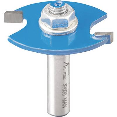 Un fraiseur bleu avec deux tranchants acérés et un arbre argenté, adapté aux travaux sur bois. Vitesse de rotation maximale : 30 000 tr/min.