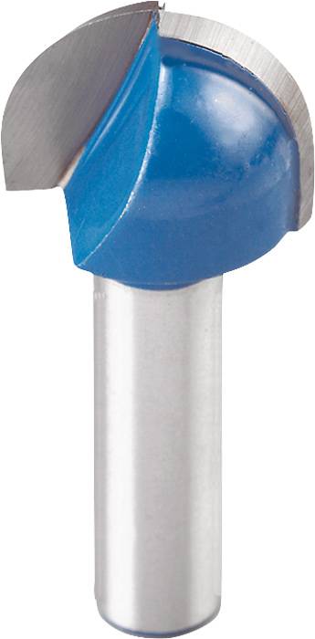 Un fraiseur bleu, mi-circulaire, avec un arbre argenté, utilisé pour fraiser du bois ou d'autres matériaux.