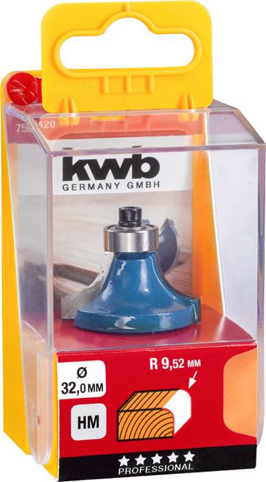 Fraise avec emballage. L'étiquette indique : KWB Germany, diamètre 32,0 mm, R 9,52 mm. Outil professionnel pour travaux sur bois.