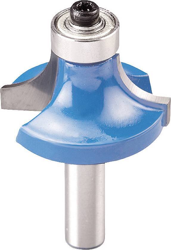 Un outil de fraisage bleu avec deux tranchants latéraux et une tige argentée, utilisé pour façonner les bords de bois ou de métal.