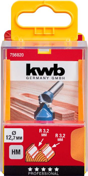 Emballage d'une fraise de la marque 'kwb Germany GmbH', diamètre 12,7 mm, rayon 3,2 mm, en carbure pour une utilisation professionnelle.