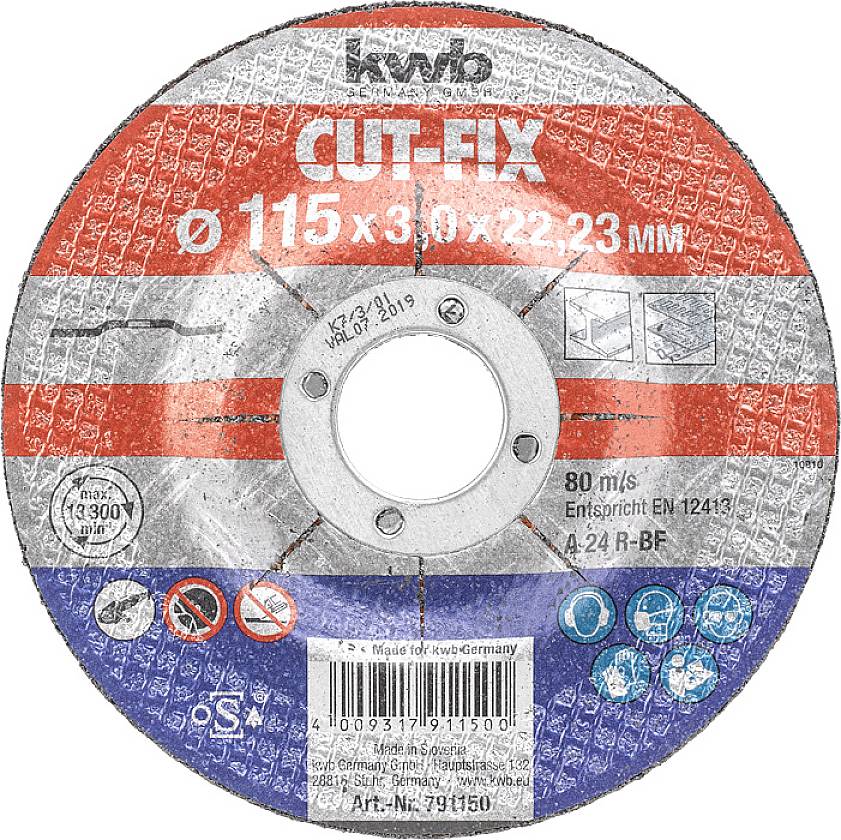 Disque à tronçonner portant l'inscription 'CUT-FIX', diamètre 115 mm, 80 m/s. Convient pour l'usinage des métaux selon la norme EN 12413.