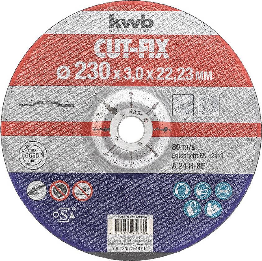 Disque à tronçonner en métal avec les inscriptions : 'CUT-FIX', dimensions 230x3,0x22,23 mm, Max 6650 tr/min, 80 m/s, Type A 24 R BF.
