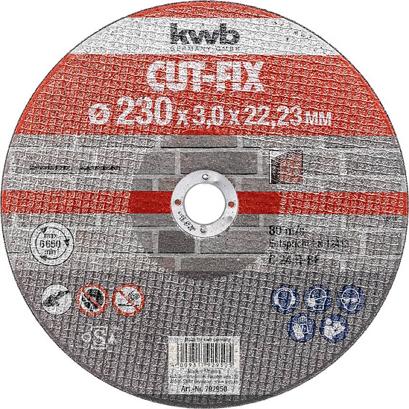 Disque à tronçonner avec étiquette rouge et grise, marqué 'CUT-FIX 230 x 3,0 x 22,23 mm' et comportant des symboles d'avertissement de sécurité.
