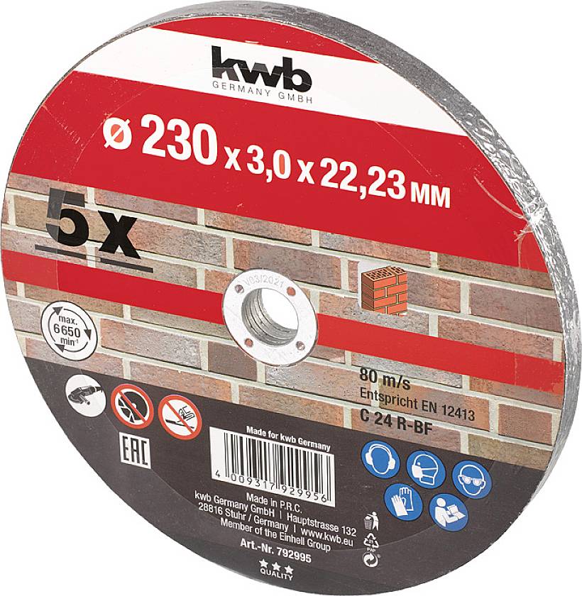 Disque à tronçonner portant l'inscription 'kwb Germany GmbH', diamètre 230 mm, épaisseur 3,0 mm, alésage 22,23 mm, conforme à la norme EN 12413.