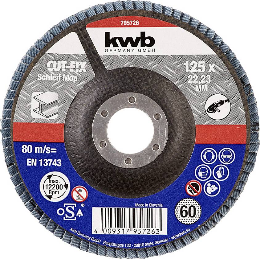 'KWB Disque de ponçage 125x22,23 mm, grain 60'. Étiquette du produit indique la marque, vitesse de 80 m/s, Norme EN 13743, Fabriqué en Slovénie.