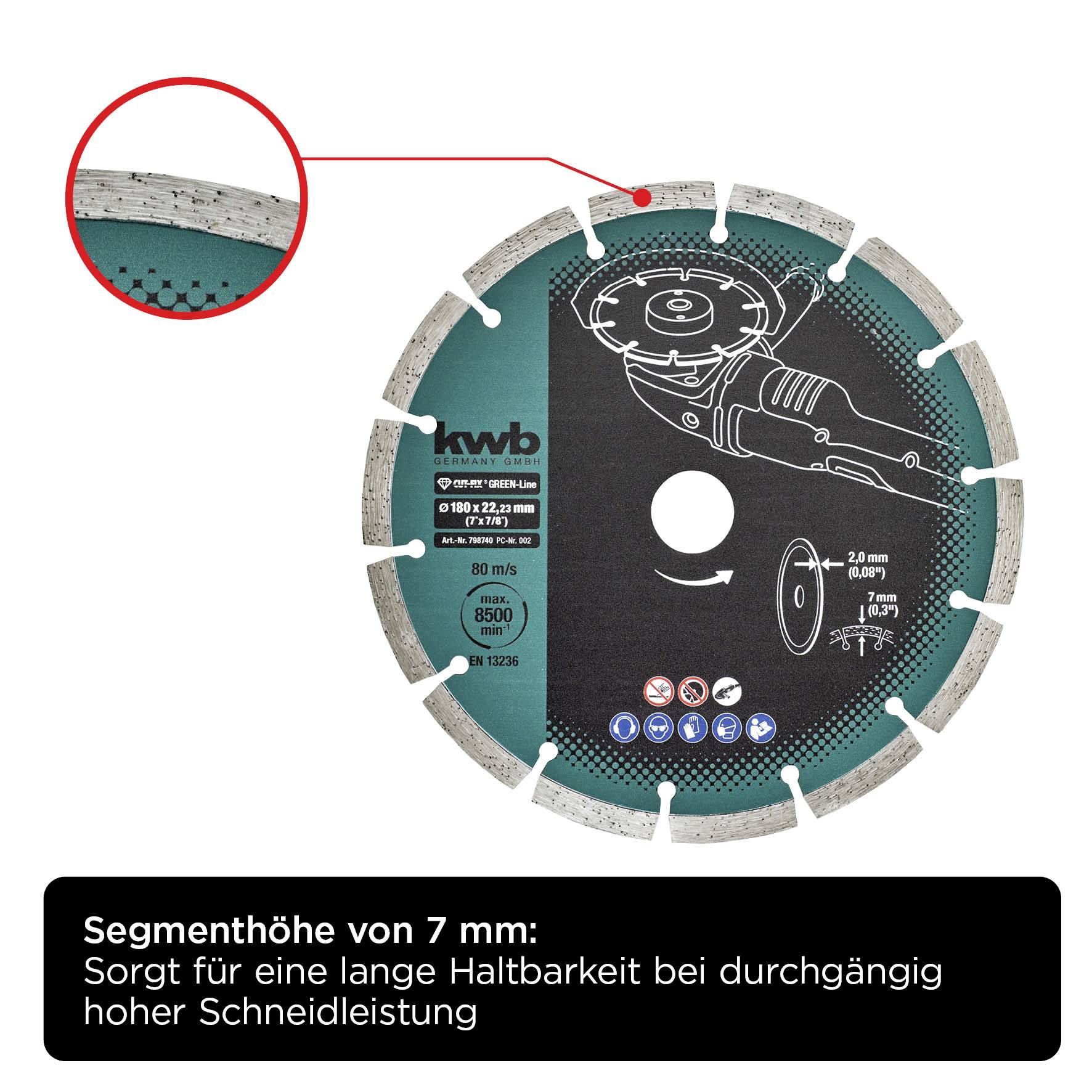 Disque de coupe diamanté avec une hauteur de segment de 7 mm, assurant une longue durabilité et une haute performance de coupe. Adapté aux équipements de construction.
