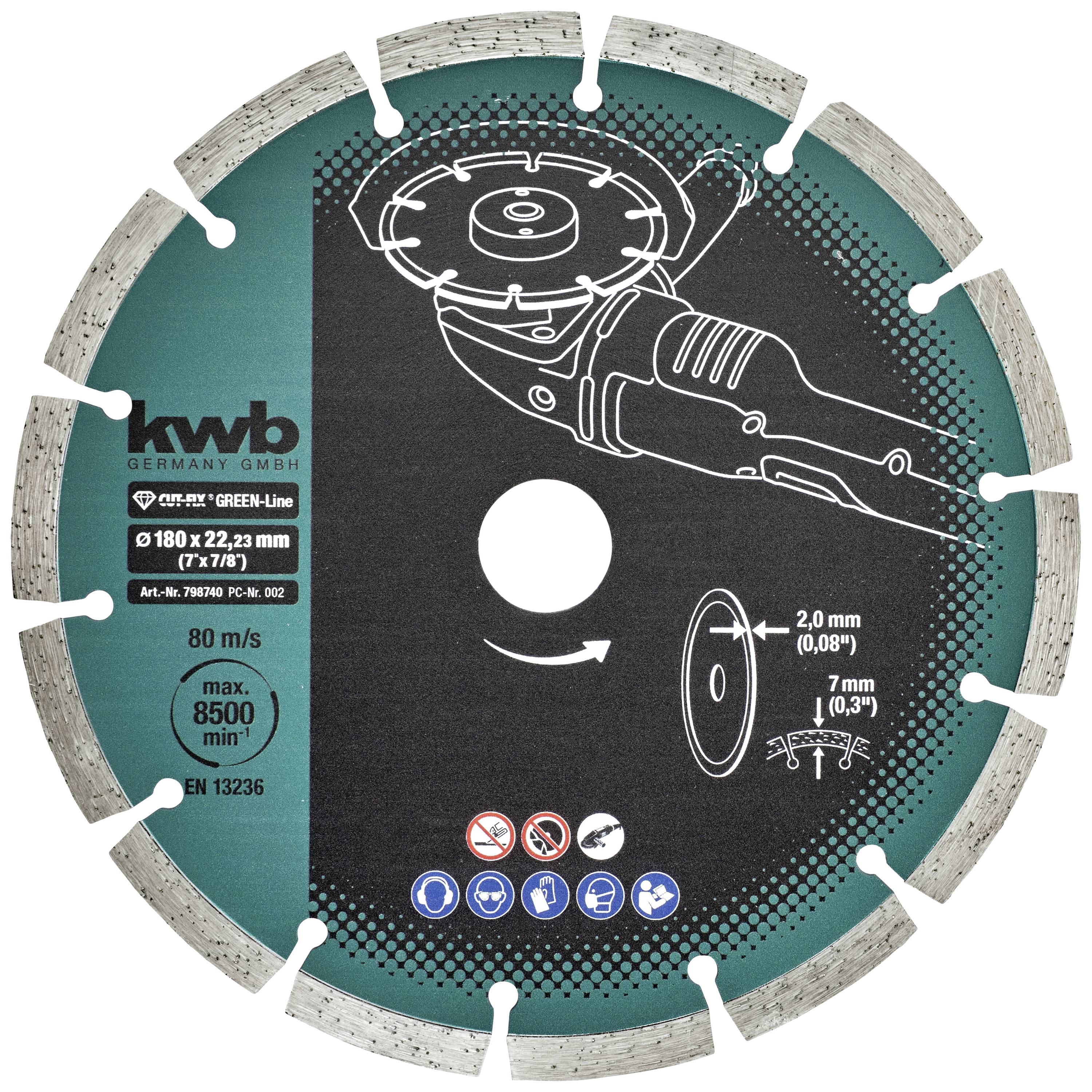 Un disque de coupe diamanté rond avec des segments découpés et l'image d'une meuleuse d'angle. Inscription : 'kwb', 'GREEN-Line', taille 'Ø 180 x 22,23 mm'.