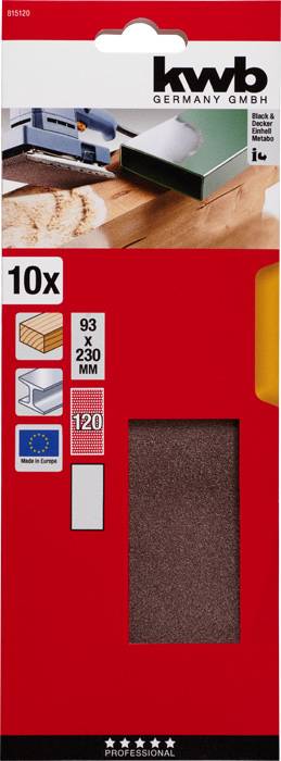 Emballage d'un set de papier de verre avec illustration d'une machine à poncer. Contient 10 pièces, dimensions 93 x 230 mm, grain 120.