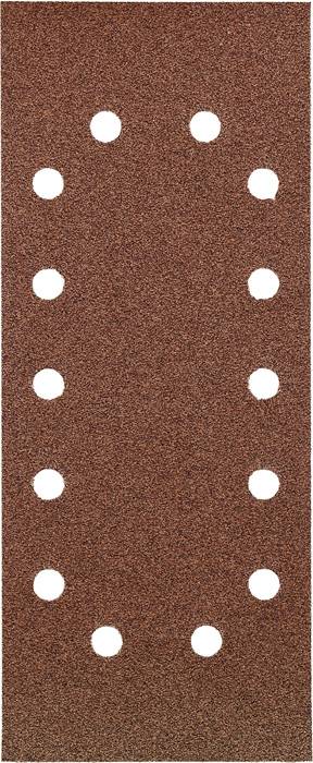 Un papier de verre rectangulaire, de couleur rouge-brun, avec des cercles blancs symétriquement disposés en deux rangées parallèles.