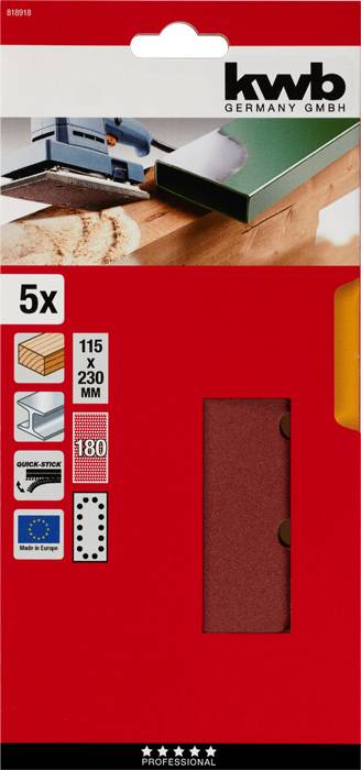 Feuilles abrasives Kwb 5x, 115 x 230 mm, Grain 180 sur emballage rouge avec illustration d'une ponceuse sur surface en bois.