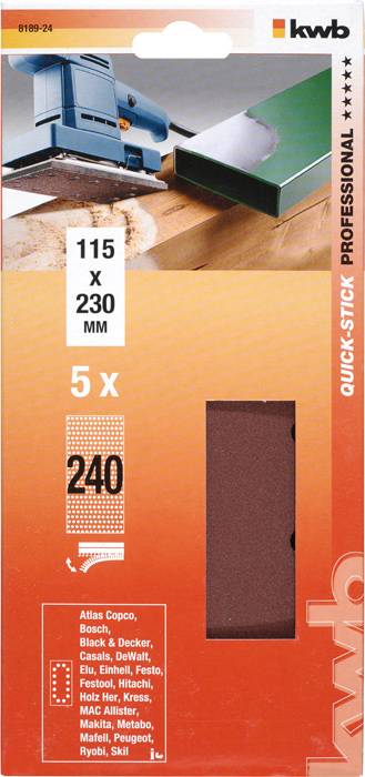 Papier abrasif 'kwb QUICK-STICK PROFESSIONNEL', lot de 5, 115 x 230 mm, grain 240. Adapté aux marques telles que Bosch, Makita, Metabo.