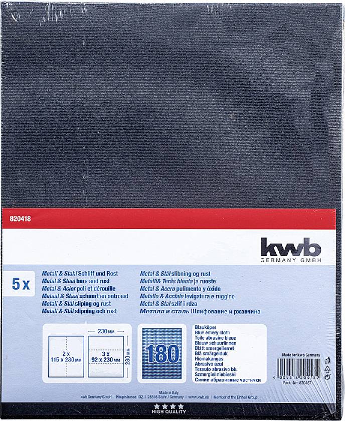 'Papier abrasif KWB, pour métal et acier, pack de 5, dimensions : 115 x 280 mm, grain 180, adapté pour l'élimination de la rouille et le nettoyage.'