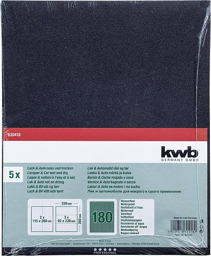 Cinq feuilles abrasives noires KWB, taille 230 mm x 280 mm, pour utilisation à sec et humide, grain 180, adaptées pour vernis et peinture automobile.