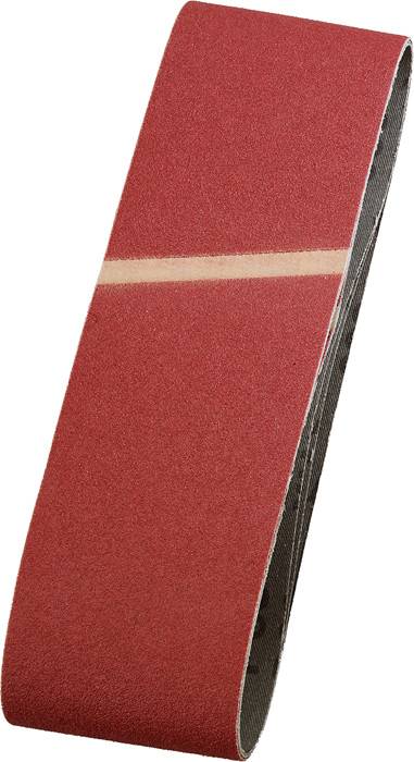 Un ruban abrasif rouge avec une couture claire au centre, utilisé pour les ponceuses à bande, représenté de profil.