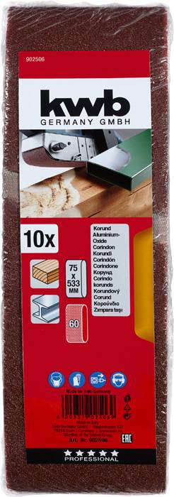 'Kwb Germany GmbH' Ensemble de 10 feuilles de papier abrasif, grain 60. Photo d'un bloc de ponçage sur une surface en bois. Emballage avec illustrations et informations sur le produit.