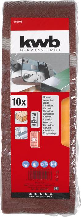 Papier abrasif Kwb 75 x 533 mm, grain 80, lot de 10 pièces, dans un emballage rouge. Adapté pour les ponceuses à bande.