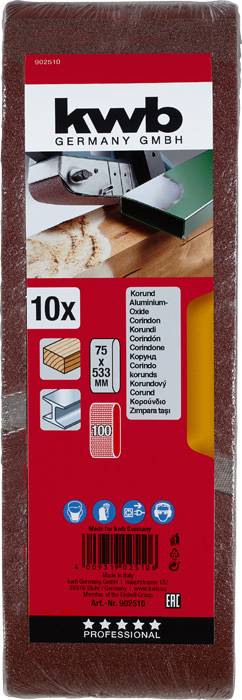 Lot de 10 feuilles abrasives, convenant pour ponceuse multifonction. Contient les dimensions et informations en plusieurs langues. Marque : kwb Germany GmbH.