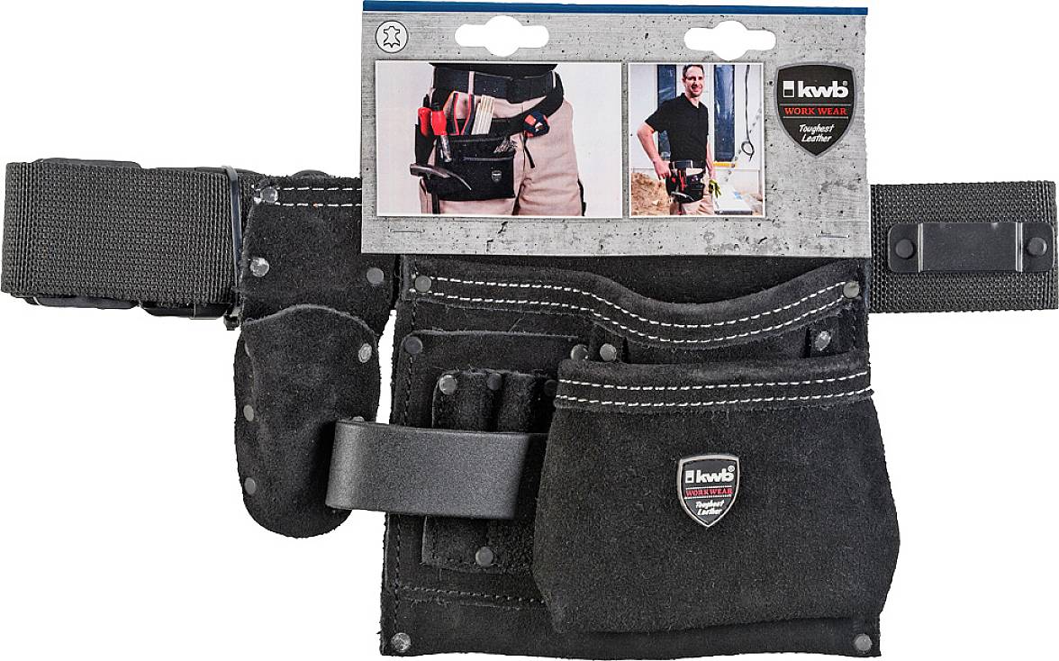 Ceinture à outils en matériau noir avec plusieurs poches et une boucle. L'emballage illustre l'utilisation de la ceinture.