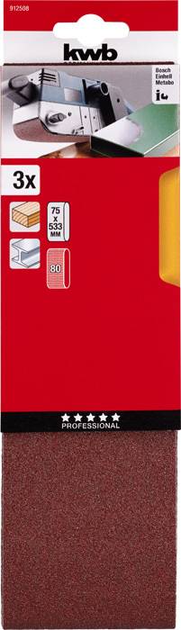 Ensemble de papier de verre, 3 pièces, grain 60, 80, 120 pour le travail du bois et des métaux. Marque : kwb. Emballage rouge, illustrant des exemples d'utilisation.