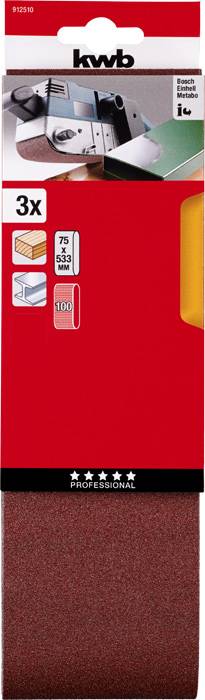 'Trois bandes abrasives, 75 x 533 mm, grain 100, adaptées aux ponceuses à bande, illustrées dans un emballage rouge avec l'image d'un ponceur en haut à gauche.'