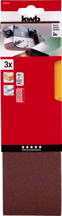 Emballage d'accessoires de feuilles abrasives de la marque 'kwb', contenant 3 feuilles de différentes granulométries, adaptées pour ponceuse à bande.