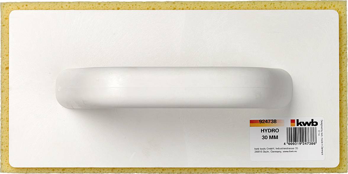 Une planche à poncer blanche avec poignée en plastique, épaisse de 30 mm, sur emballage avec étiquette 'kwb'.