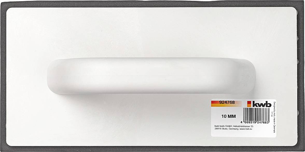 Une planche à éponger rectangulaire avec une surface blanche en mousse et une poignée grise, étiquetée '10 MM' et portant une marque, est posée sur un fond blanc.
