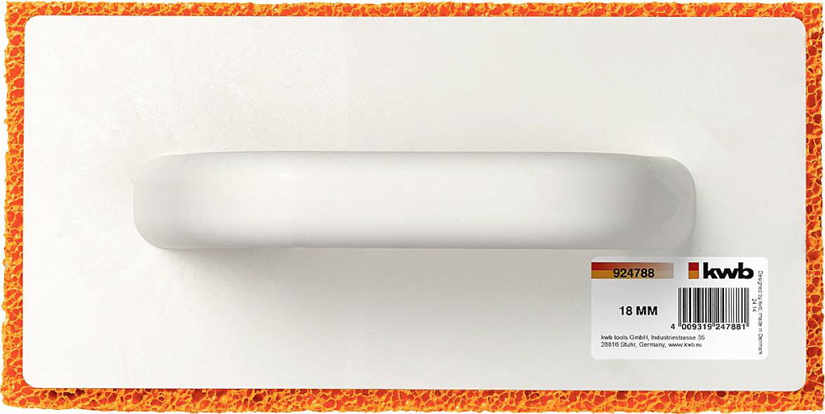 Une spatule en plastique blanc sur un fond blanc avec un bord orange, une étiquette de marque portant 'Kwb' et l'indication '18 mm'.