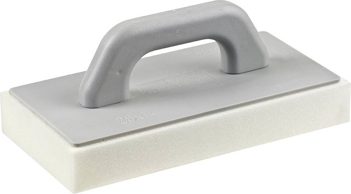 Une taloche rectangulaire avec une poignée grise et une surface en éponge blanche, utilisée pour lisser des enduits ou des surfaces en béton.