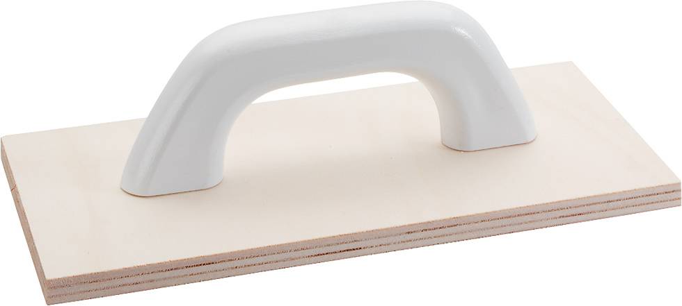 Un outil rectangulaire avec une poignée blanche sur une base plate rectangulaire en bois ou en plastique, souvent utilisé pour lisser des surfaces.