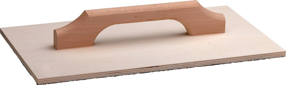 Une truelle en bois avec une poignée, utilisée pour lisser et étaler du mortier ou du plâtre sur des surfaces.