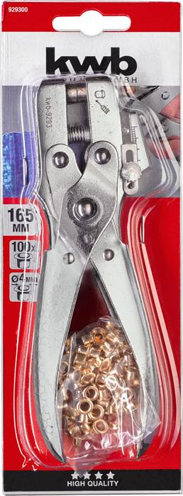 Emballage d'une pince à rivets de la marque 'kwb'. Longueur de 165 mm, adaptée pour 100 écrous à rivets. Contient des accessoires de rivetage.