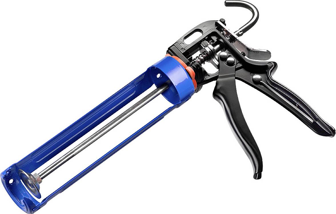 Pistolet à cartouche bleu et noir pour produits d'étanchéité. Outil avec gâchette et support de tube, utilisé pour le dosage précis de matériaux.