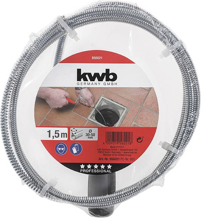 'Vague de nettoyage de tuyaux de kwb Germany GmbH, longueur de 1,5 m. La photo montre son utilisation pour le nettoyage de tuyaux dans un égout sur un sol carrelé.'
