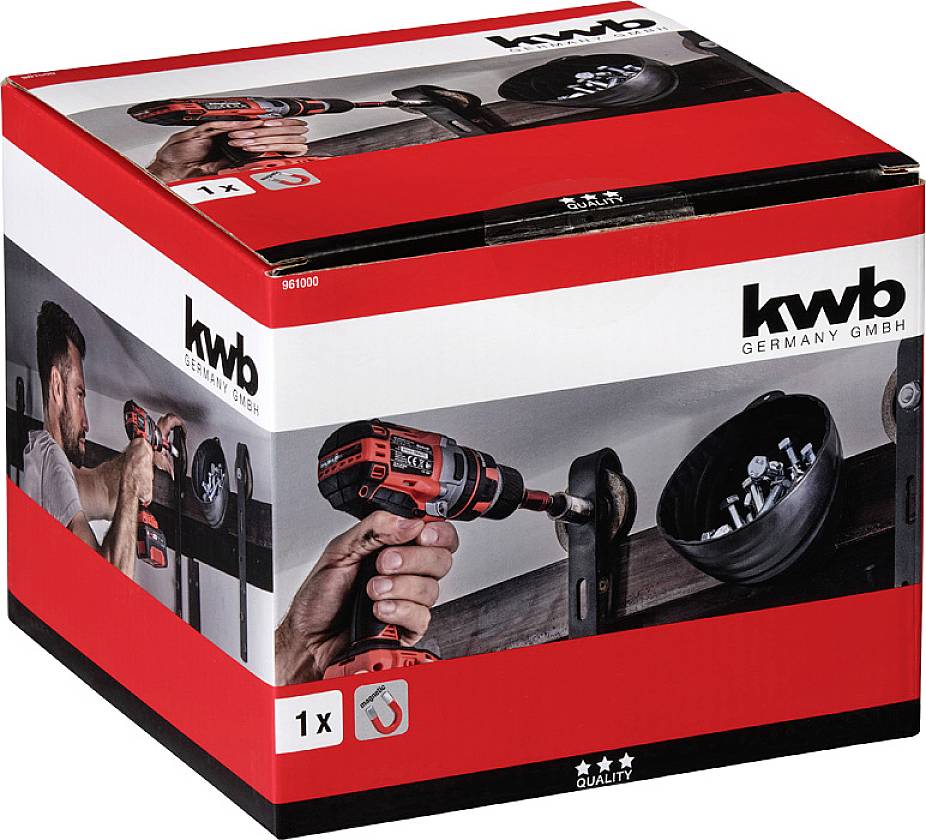Un emballage de la marque 'kwb', montrant une perceuse et des vis. Texte : 'kwb GERMANY GMBH'. Contient une image d'un homme travaillant avec l'outil.