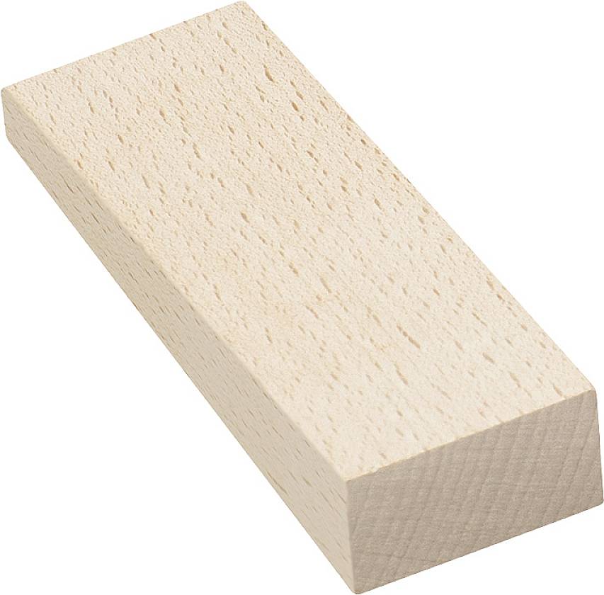 Un bloc rectangulaire en bois clair, flottant sur un fond blanc.