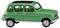 Une voiture miniature verte dans le style d'une voiture ancienne est posée sur une surface claire. Elle possède quatre portes et des pneus noirs.