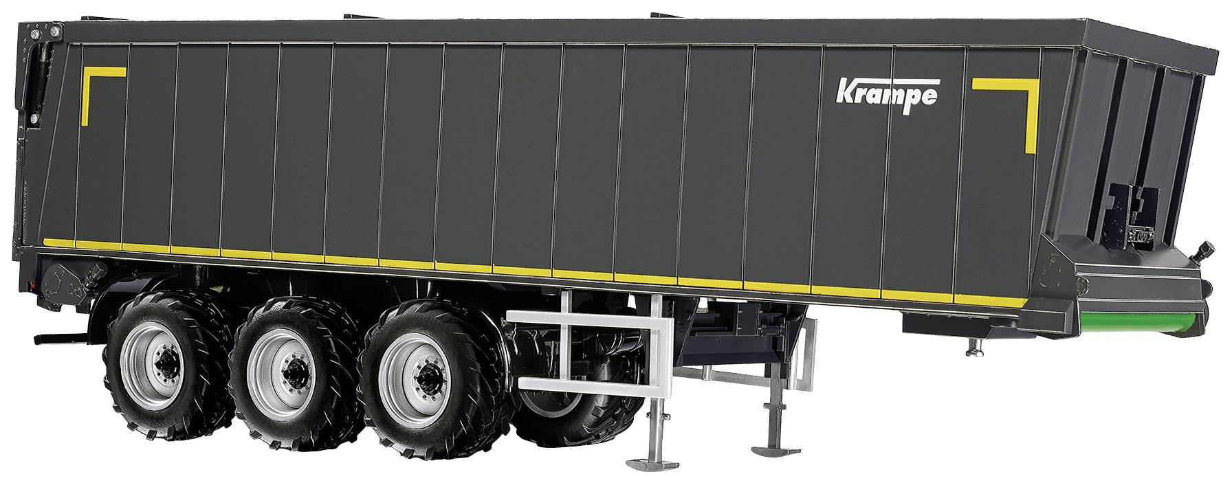 Un remorque à trois essieux avec de grandes roues et des côtés en métal gris. Marque 'Krampe' sur le côté. Utilisé à des fins agricoles.
