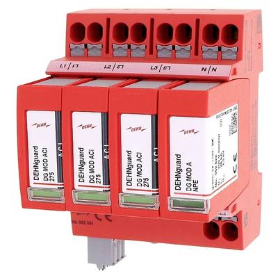 Un dispositif de protection contre les surtensions rouge avec quatre modules de connexion, étiqueté 'DEHNguard'. Il possède cinq bornes en haut.