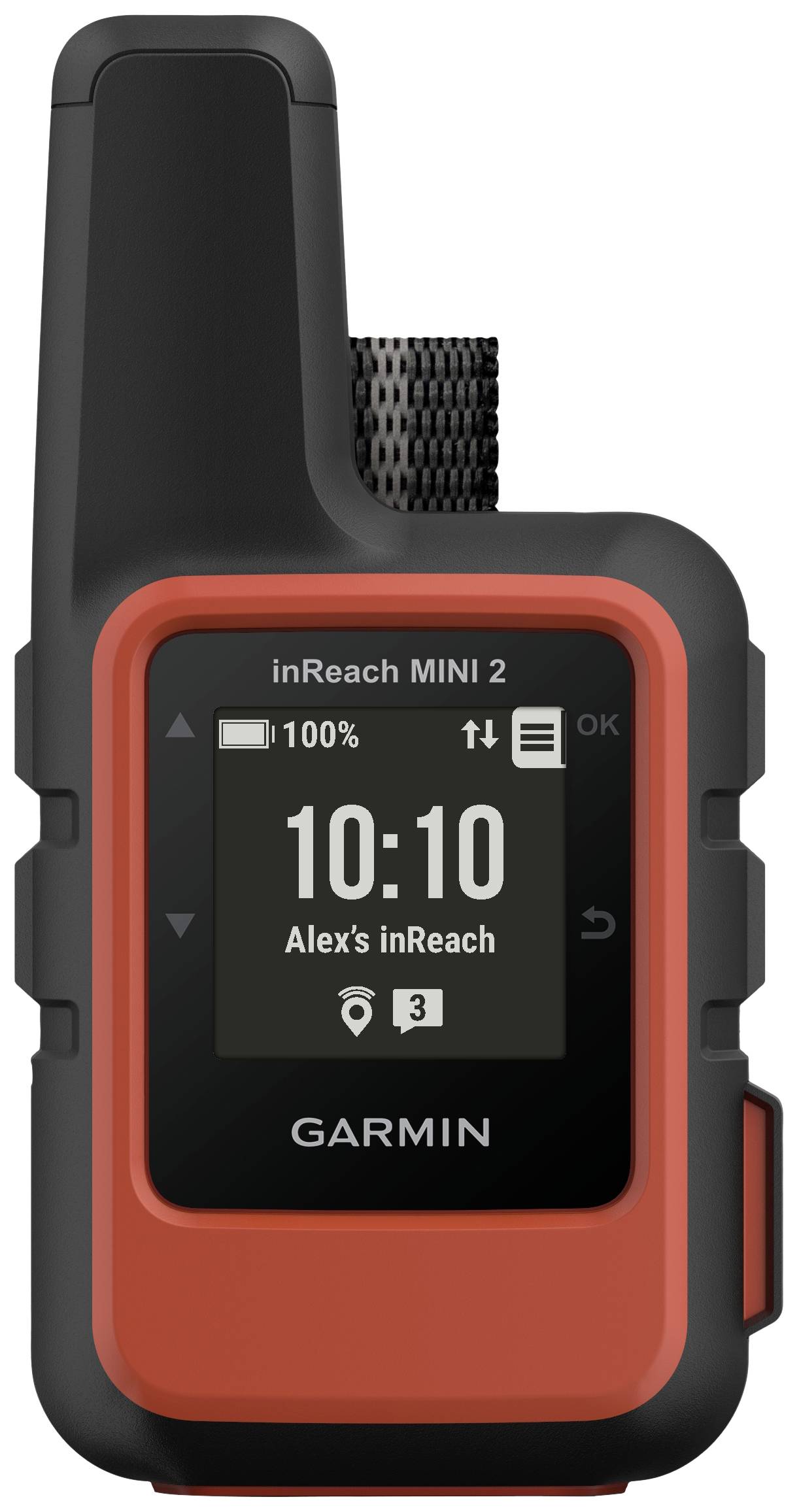 Un communicateur GPS portable avec un écran affichant l'heure '10:10' et le texte 'Alex's inReach'. Appareil de Garmin.