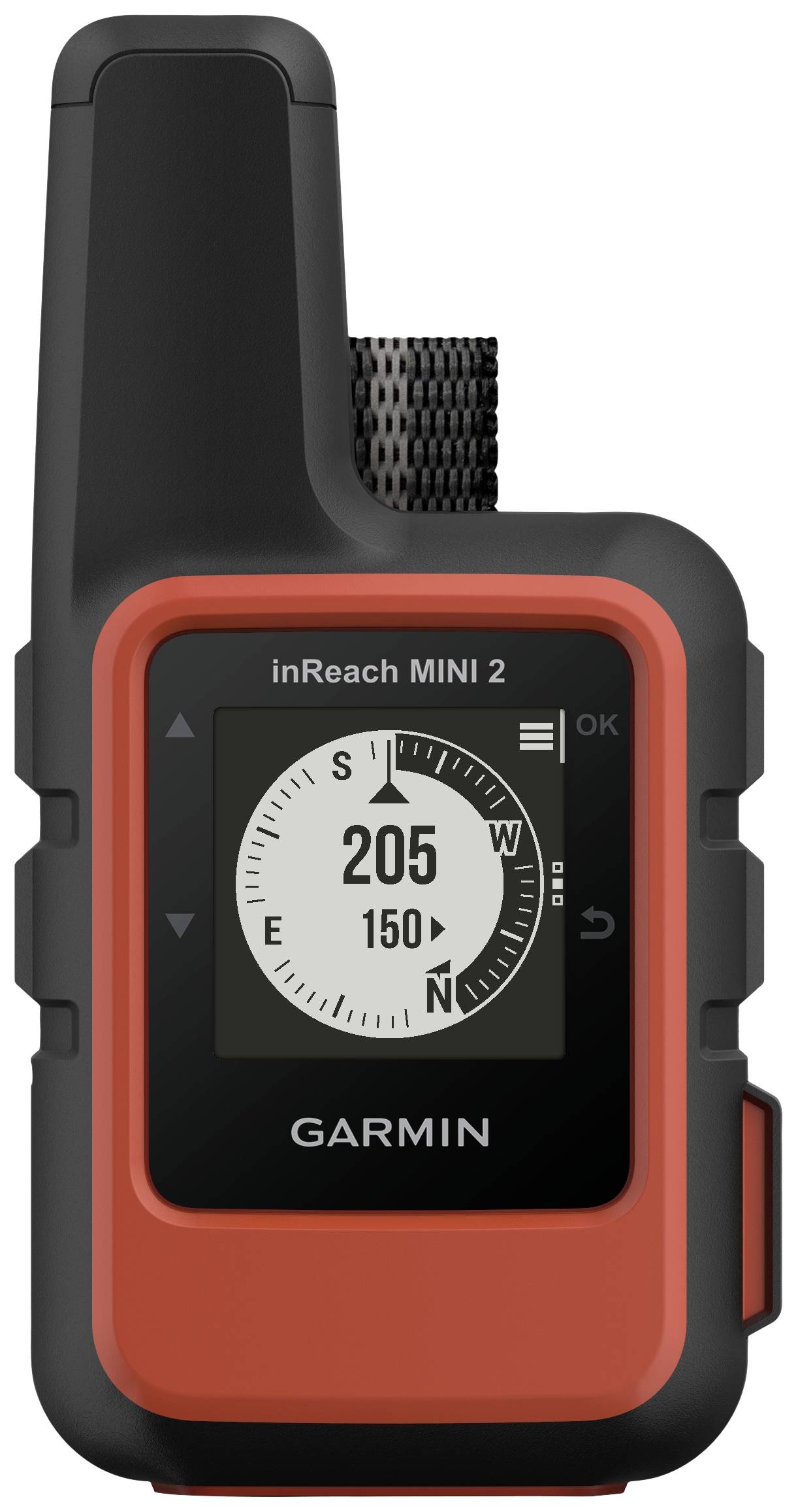 Un appareil GPS rouge, de la taille d'une poche, avec un écran affichant '205'. Texte : 'inReach MINI 2', 'Garmin'.