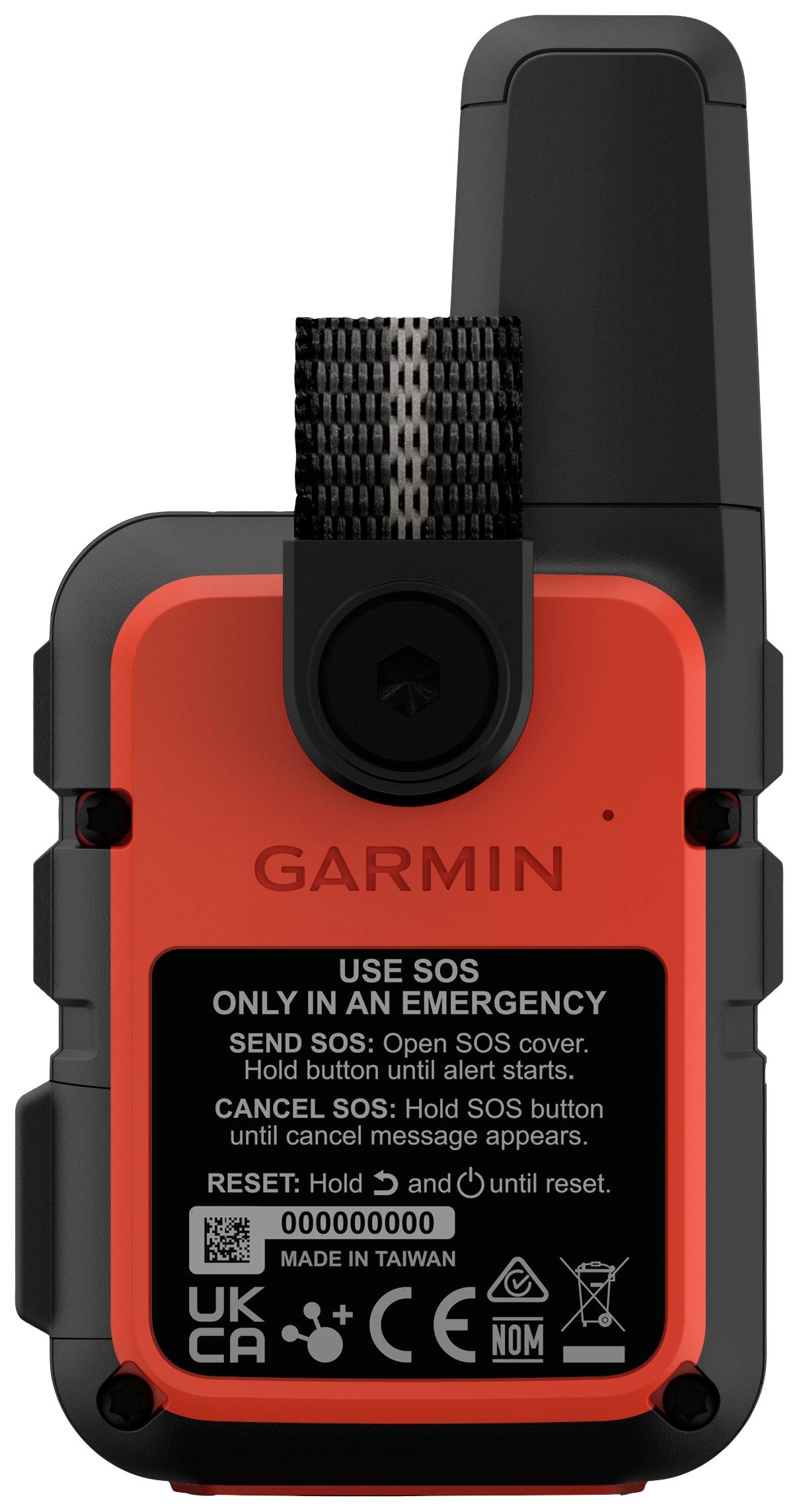 Vue arrière d'un appareil Garmin SOS de couleur rouge. Montre les instructions d'utilisation de la fonction SOS et les informations du modèle au dos de l'appareil.